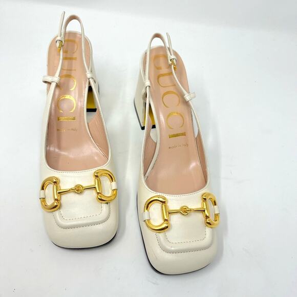 Gucci Baby Horsebit Slingback Pumps White Block Heel Square Toe size 37 EU 7 US - Picture 1 of 8
